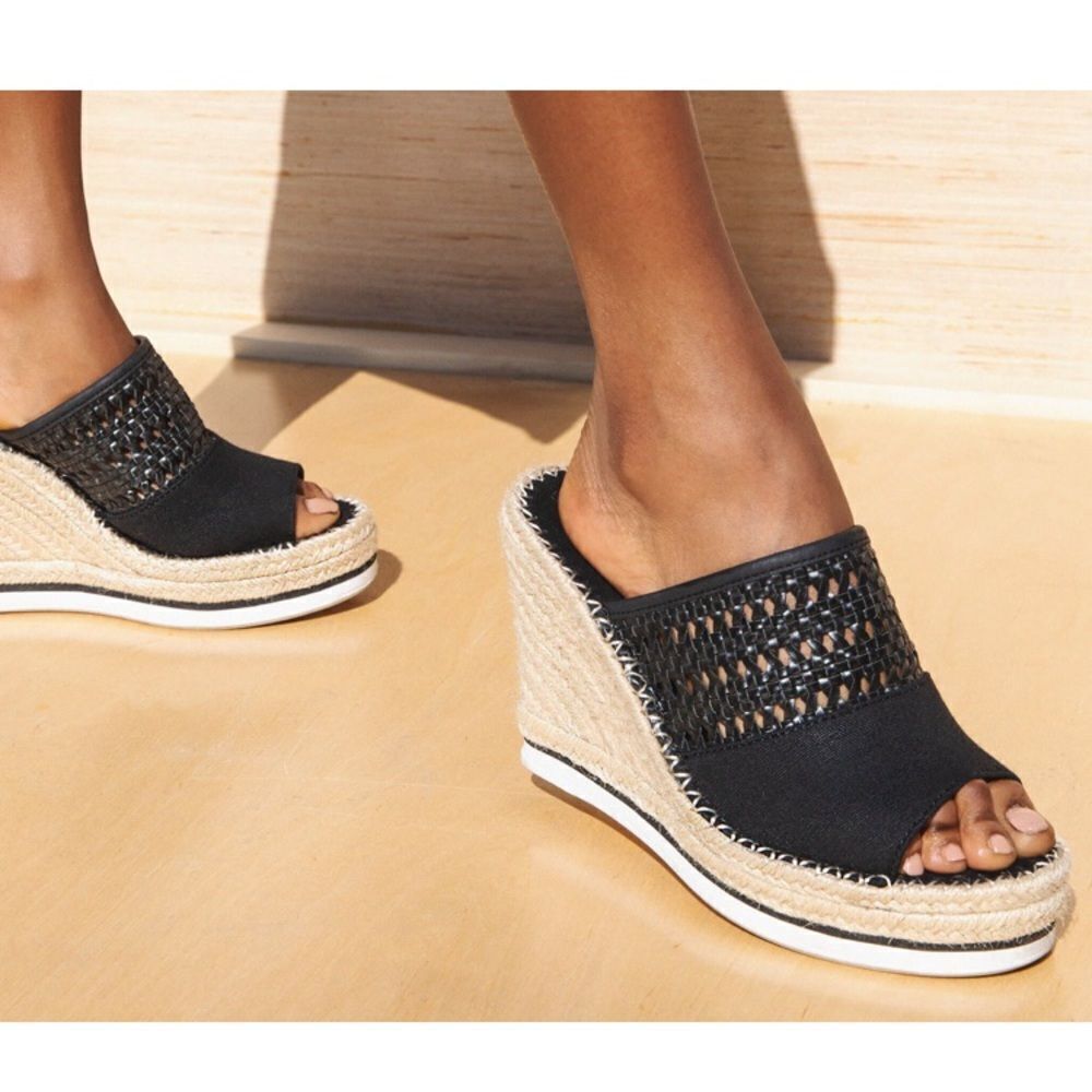 Toms Black Woven Espadrille Wedge Slides